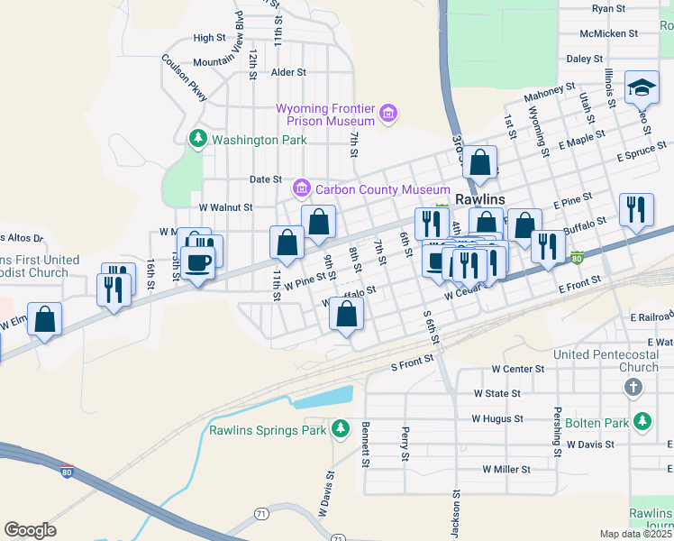 map of restaurants, bars, coffee shops, grocery stores, and more near 405 9th Street in Rawlins