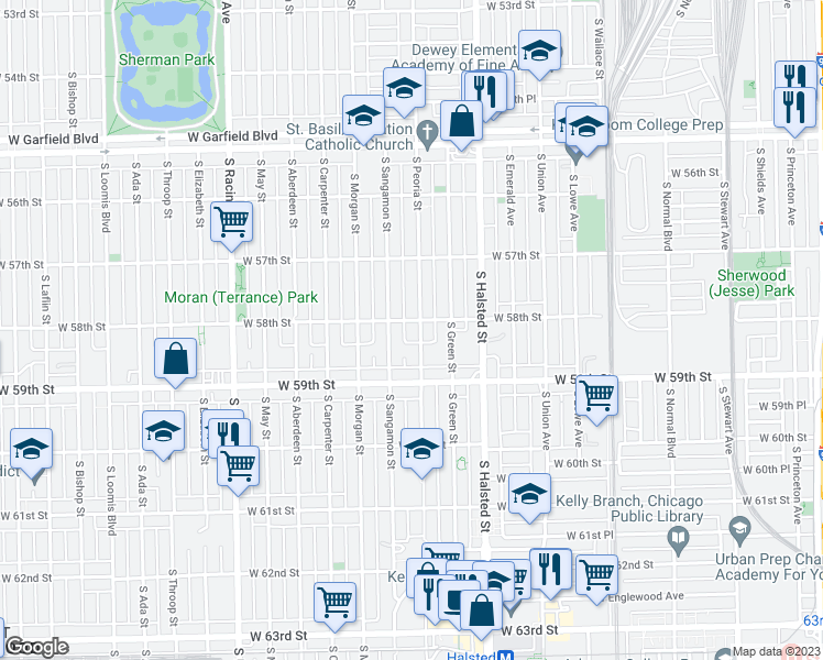 map of restaurants, bars, coffee shops, grocery stores, and more near 5806 South Peoria Street in Chicago