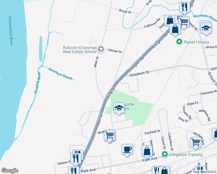 map of restaurants, bars, coffee shops, grocery stores, and more near 49 King Street in East Hartford