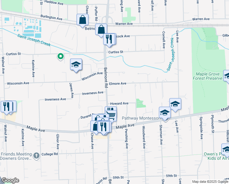 map of restaurants, bars, coffee shops, grocery stores, and more near 2134 Ashley Court in Downers Grove