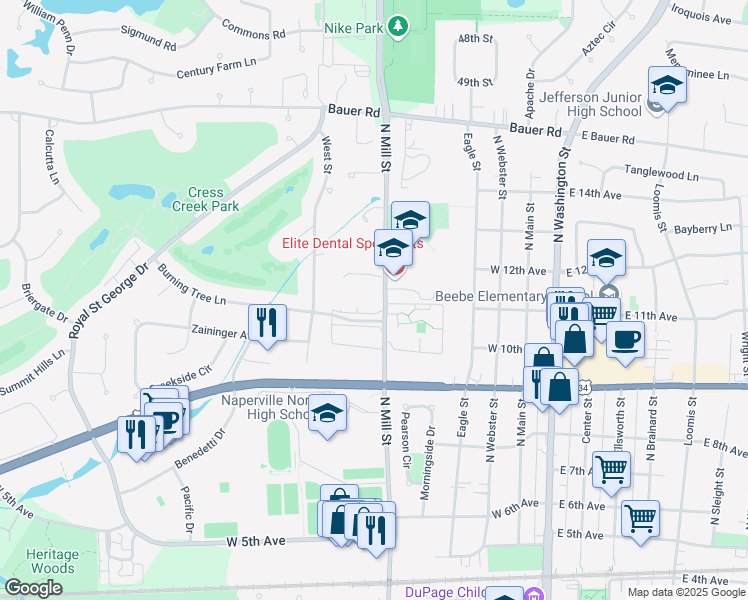 map of restaurants, bars, coffee shops, grocery stores, and more near 1103-1105 North Mill Street in Naperville