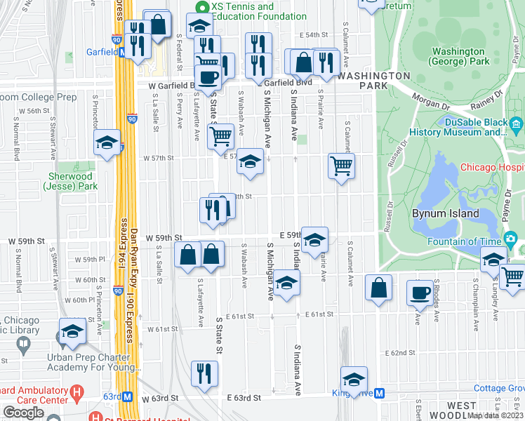 map of restaurants, bars, coffee shops, grocery stores, and more near 5818 South Michigan Avenue in Chicago