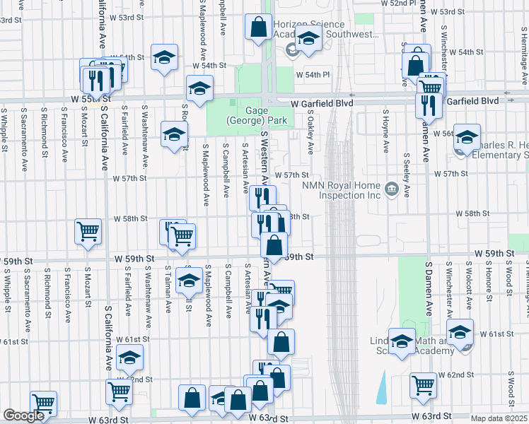 map of restaurants, bars, coffee shops, grocery stores, and more near 5768 South Western Avenue in Chicago