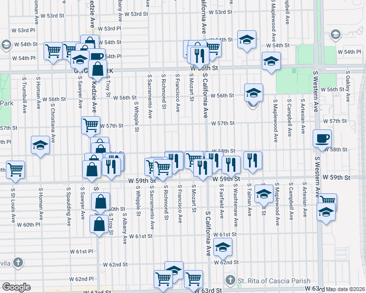 map of restaurants, bars, coffee shops, grocery stores, and more near 5749 South Francisco Avenue in Chicago