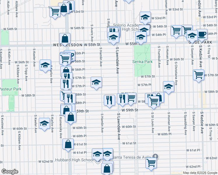 map of restaurants, bars, coffee shops, grocery stores, and more near 3733 West 57th Place in Chicago
