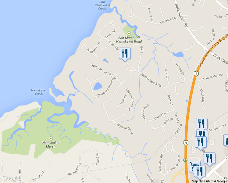 map of restaurants, bars, coffee shops, grocery stores, and more near 28 Captain Linnell Road in Orleans