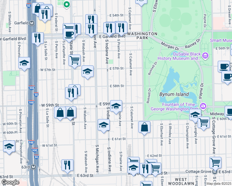 map of restaurants, bars, coffee shops, grocery stores, and more near 5819 South Prairie Avenue in Chicago