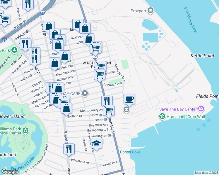 map of restaurants, bars, coffee shops, grocery stores, and more near 966 Narragansett Boulevard in Providence