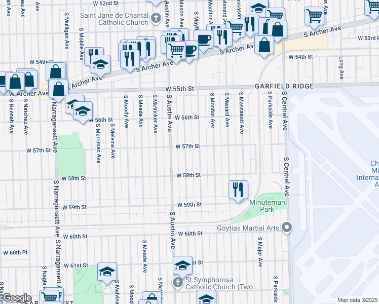 map of restaurants, bars, coffee shops, grocery stores, and more near 5710 South Mason Avenue in Chicago