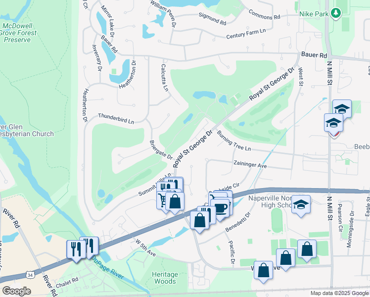 map of restaurants, bars, coffee shops, grocery stores, and more near 1033 Royal Saint George Drive in Naperville