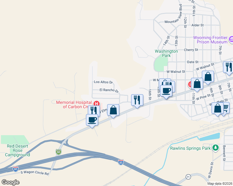 map of restaurants, bars, coffee shops, grocery stores, and more near 154 El Rancho Drive in Rawlins