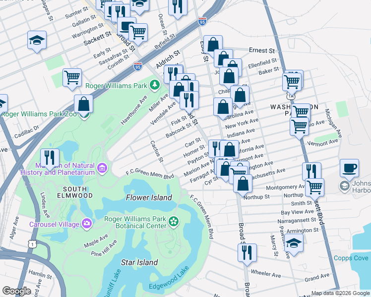 map of restaurants, bars, coffee shops, grocery stores, and more near 50 Carr Street in Providence