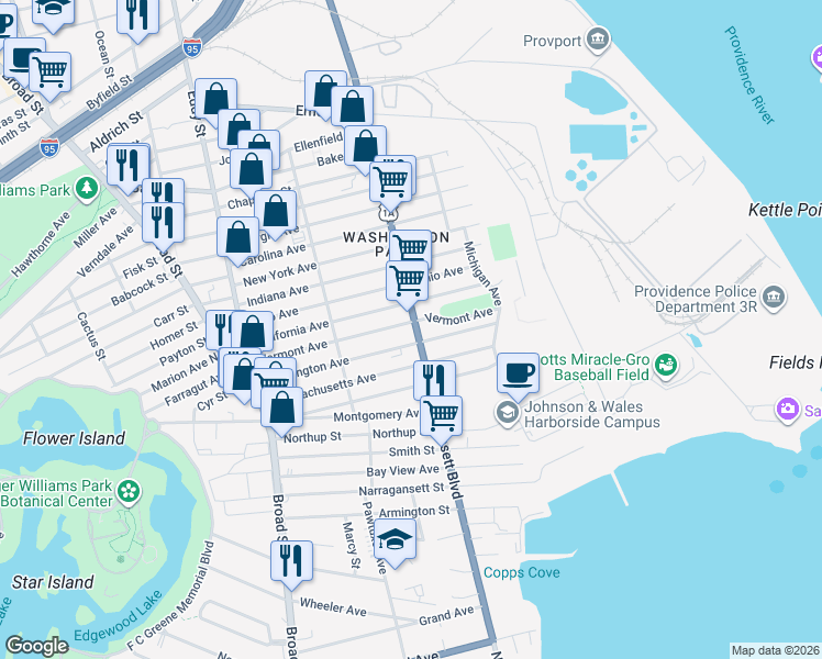 map of restaurants, bars, coffee shops, grocery stores, and more near 966 Narragansett Boulevard in Providence