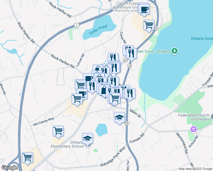 map of restaurants, bars, coffee shops, grocery stores, and more near 12 Cove Road in Orleans