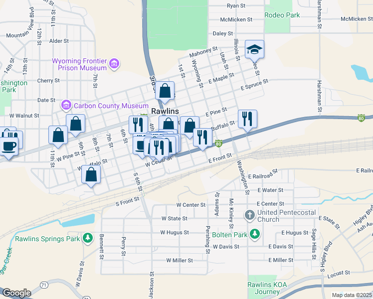 map of restaurants, bars, coffee shops, grocery stores, and more near 121 West Cedar Street in Rawlins