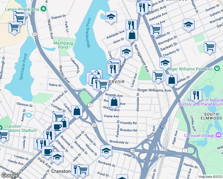 map of restaurants, bars, coffee shops, grocery stores, and more near 15 Stadden Street in Providence
