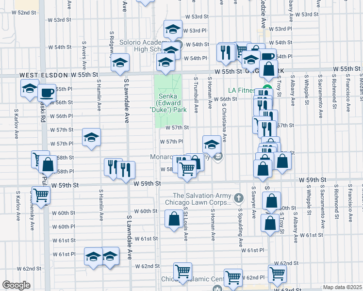 map of restaurants, bars, coffee shops, grocery stores, and more near 3501 W 57th Pl in Chicago