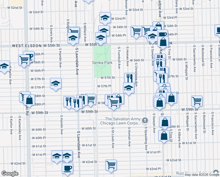 map of restaurants, bars, coffee shops, grocery stores, and more near 3501 West 57th Place in Chicago