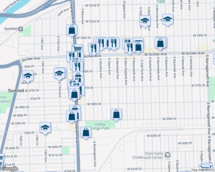 map of restaurants, bars, coffee shops, grocery stores, and more near 5658 South Sayre Avenue in Chicago