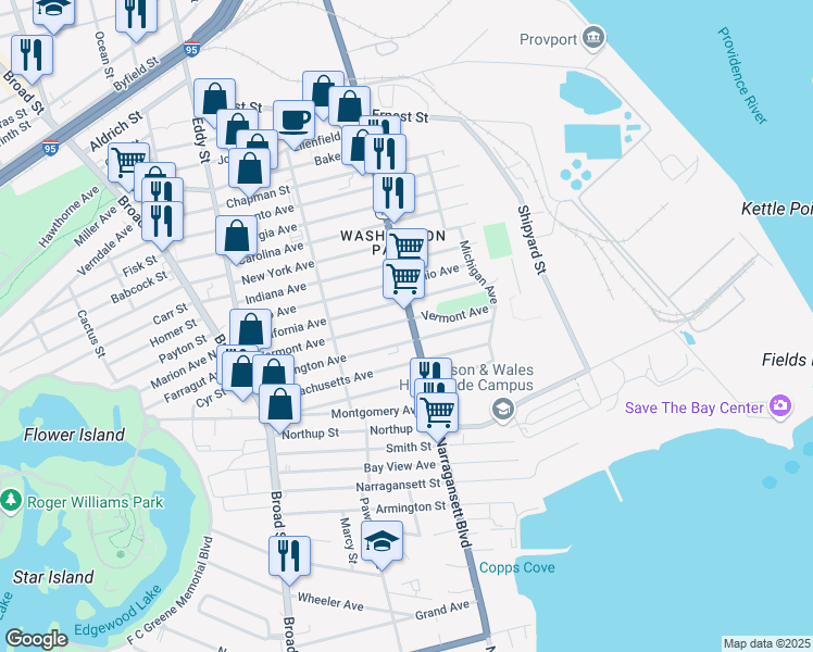 map of restaurants, bars, coffee shops, grocery stores, and more near 966 Narragansett Boulevard in Providence