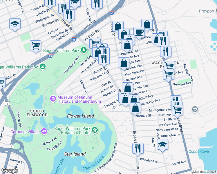 map of restaurants, bars, coffee shops, grocery stores, and more near 16 Homer Street in Providence