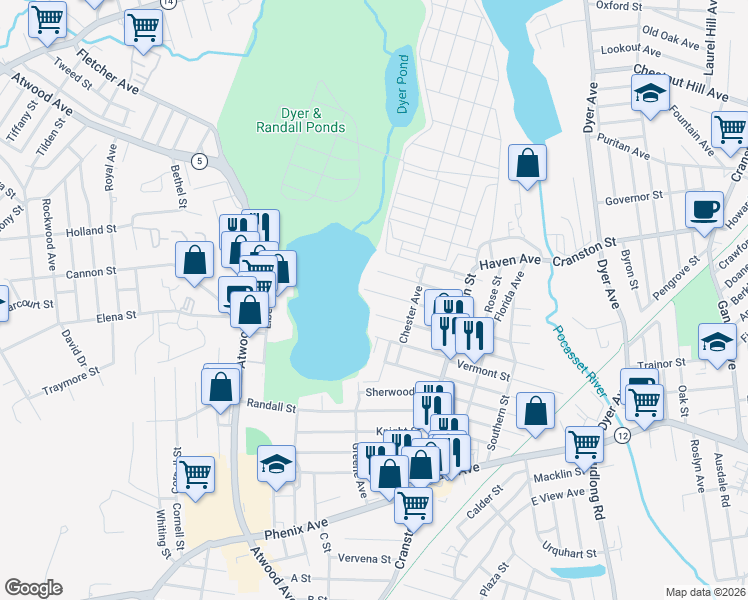 map of restaurants, bars, coffee shops, grocery stores, and more near 82 Batcheller Avenue in Cranston
