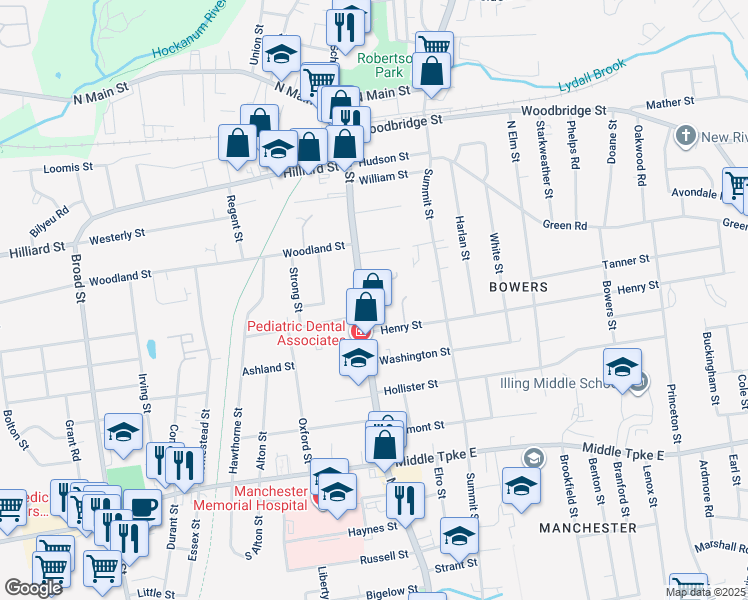 map of restaurants, bars, coffee shops, grocery stores, and more near 153 Main Street in Manchester
