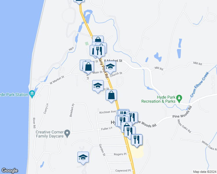 map of restaurants, bars, coffee shops, grocery stores, and more near 4353 Albany Post Road in Hyde Park
