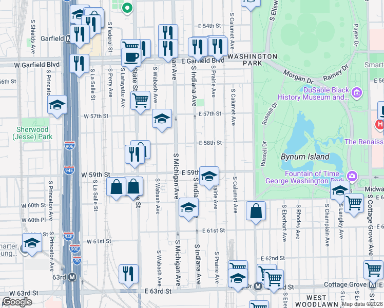 map of restaurants, bars, coffee shops, grocery stores, and more near 5822 South Indiana Avenue in Chicago