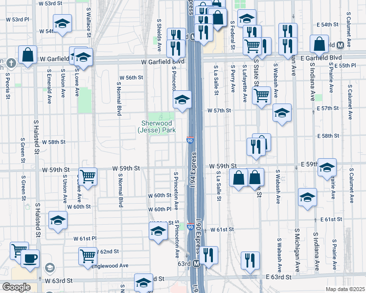 map of restaurants, bars, coffee shops, grocery stores, and more near 225 West 58th Street in Chicago
