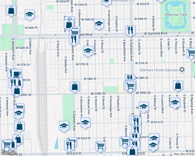 map of restaurants, bars, coffee shops, grocery stores, and more near 1835 West 58th Street in Chicago