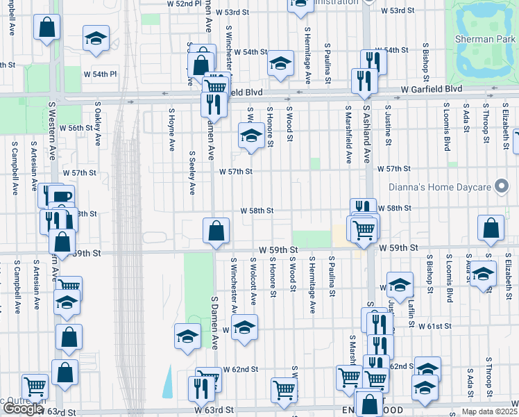 map of restaurants, bars, coffee shops, grocery stores, and more near 5800 South Wolcott Avenue in Chicago