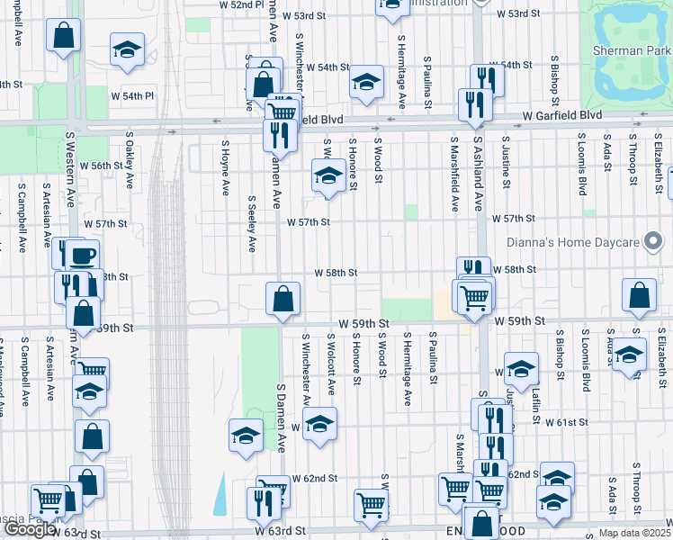 map of restaurants, bars, coffee shops, grocery stores, and more near 5800 South Wolcott Avenue in Chicago