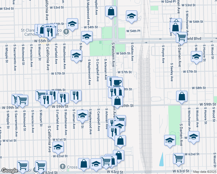 map of restaurants, bars, coffee shops, grocery stores, and more near 5758 South Artesian Avenue in Chicago
