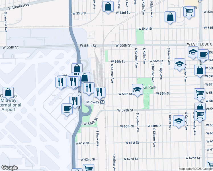 map of restaurants, bars, coffee shops, grocery stores, and more near 5518 South Cicero Avenue in Chicago