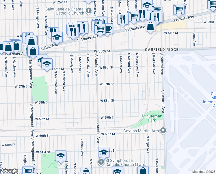 map of restaurants, bars, coffee shops, grocery stores, and more near 5710 South Mason Avenue in Chicago