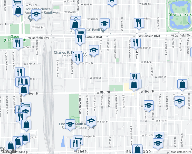 map of restaurants, bars, coffee shops, grocery stores, and more near 1856 West 58th Street in Chicago