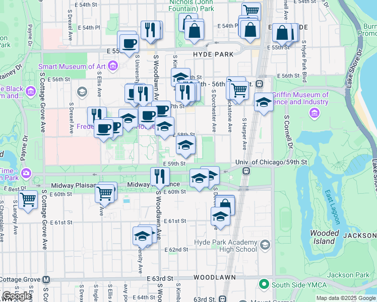 map of restaurants, bars, coffee shops, grocery stores, and more near 5835 South Kimbark Avenue in Chicago