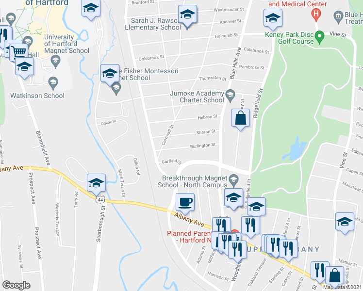 map of restaurants, bars, coffee shops, grocery stores, and more near 74 Burlington Street in Hartford