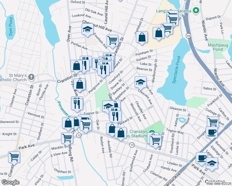 map of restaurants, bars, coffee shops, grocery stores, and more near 108 Berkley Street in Cranston