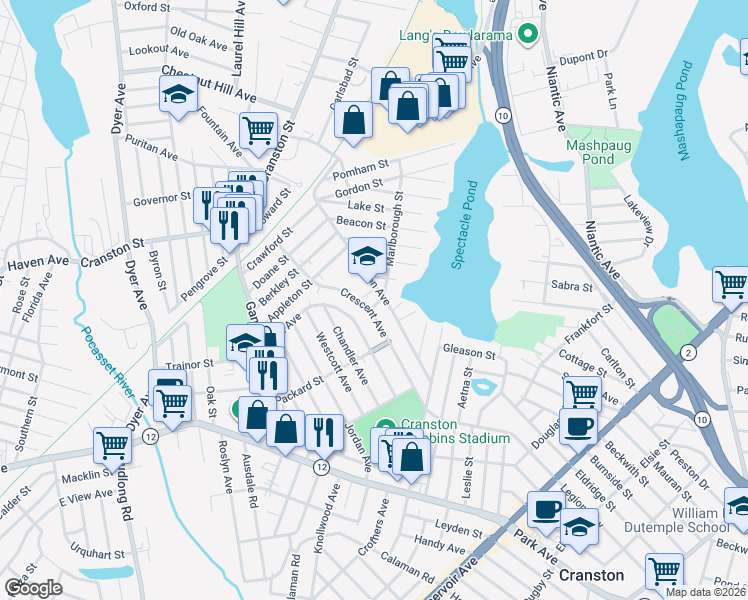 map of restaurants, bars, coffee shops, grocery stores, and more near 7 Wessex Street in Cranston