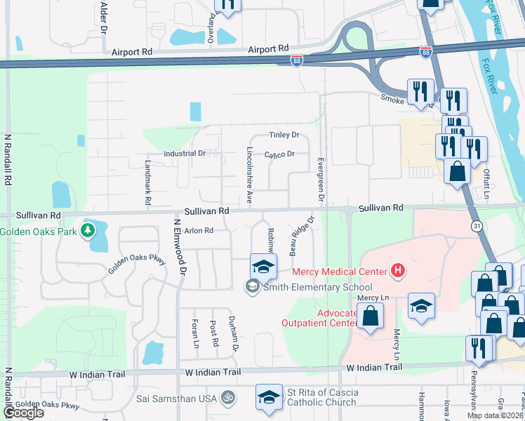 map of restaurants, bars, coffee shops, grocery stores, and more near 1550 Crestwood Drive in Aurora