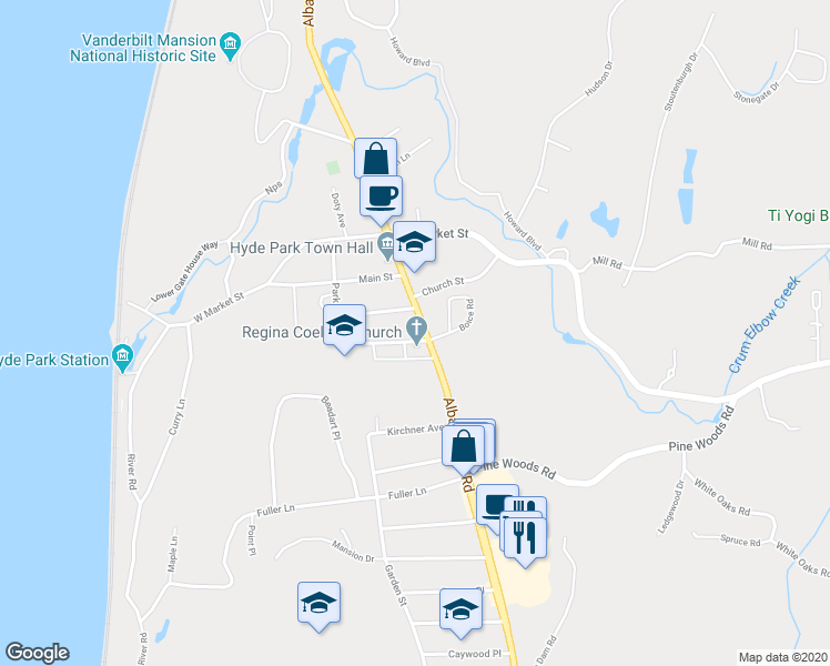 map of restaurants, bars, coffee shops, grocery stores, and more near 4353 Albany Post Road in Hyde Park