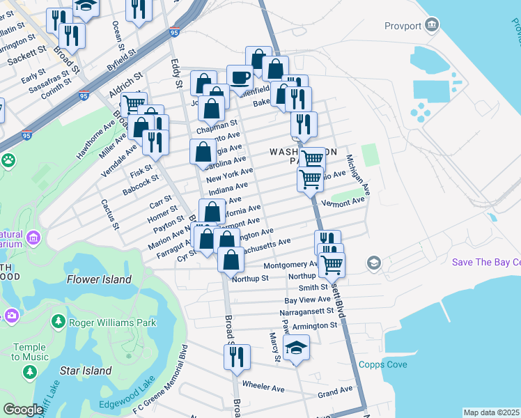 map of restaurants, bars, coffee shops, grocery stores, and more near 240 California Avenue in Providence