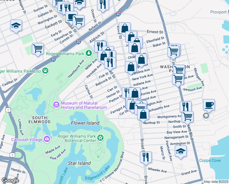 map of restaurants, bars, coffee shops, grocery stores, and more near 16 Homer Street in Providence