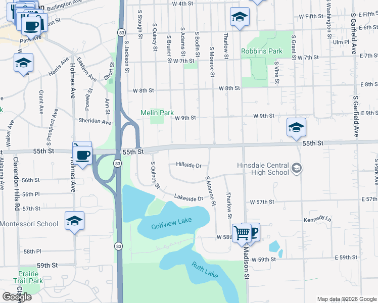 map of restaurants, bars, coffee shops, grocery stores, and more near 624 West 55th Street in Hinsdale
