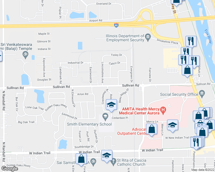 map of restaurants, bars, coffee shops, grocery stores, and more near 1550 Crestwood Drive in Aurora