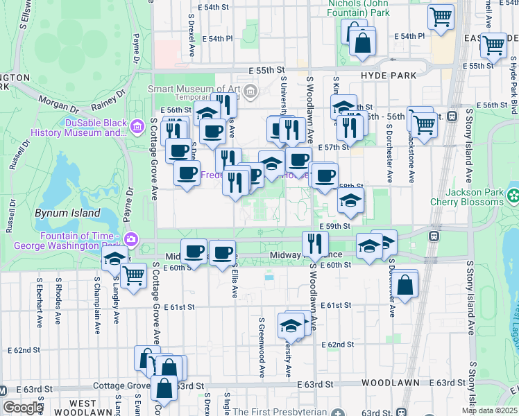 map of restaurants, bars, coffee shops, grocery stores, and more near 5555 South Ellis Avenue in Chicago
