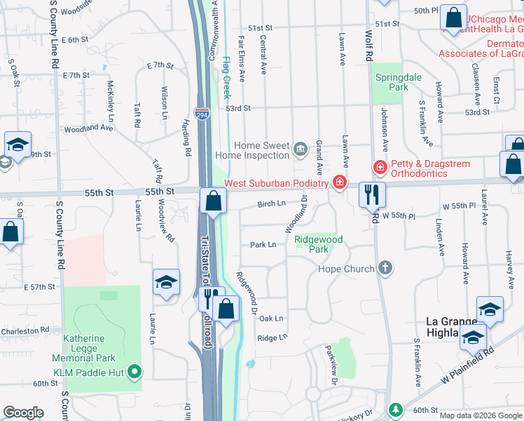 map of restaurants, bars, coffee shops, grocery stores, and more near 1129 Birch Lane in Western Springs