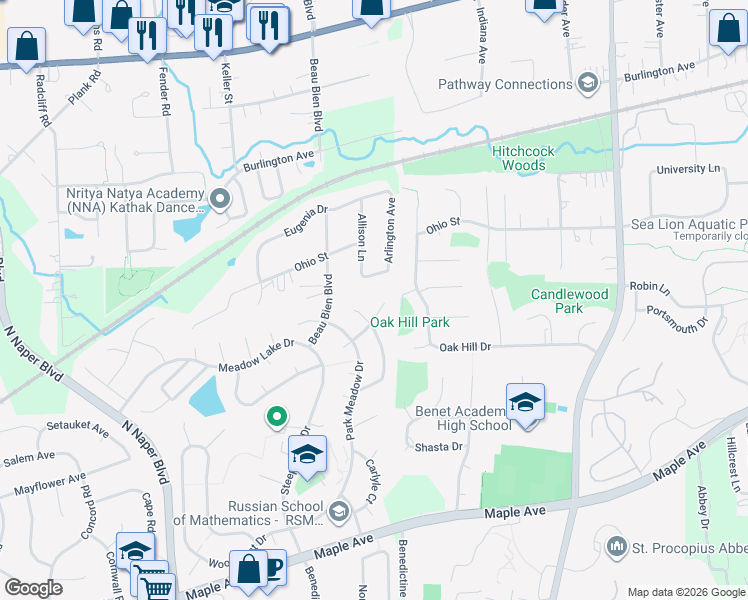 map of restaurants, bars, coffee shops, grocery stores, and more near 5S620 Bluff Lane in Naperville